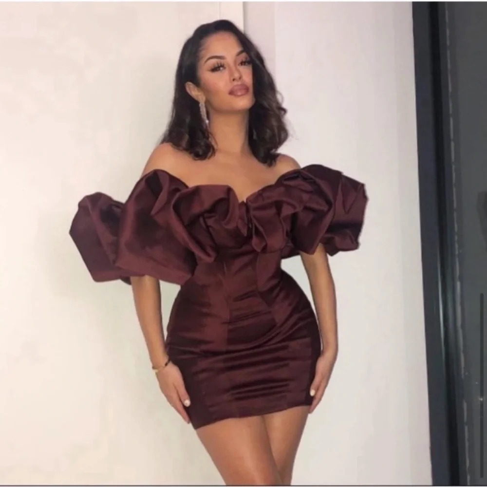 HOUSE OF CB Selena‎ Wine Red Brown Puff Sleeve Off Shoulder Corset dress size S